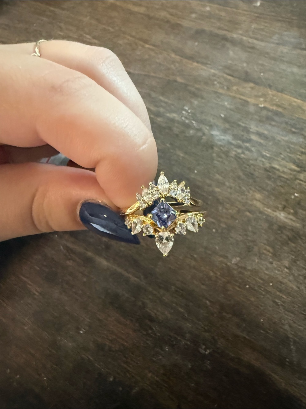 Gold Ring with Purple Center Stone and Clear Accents - Elegant Floral Halo